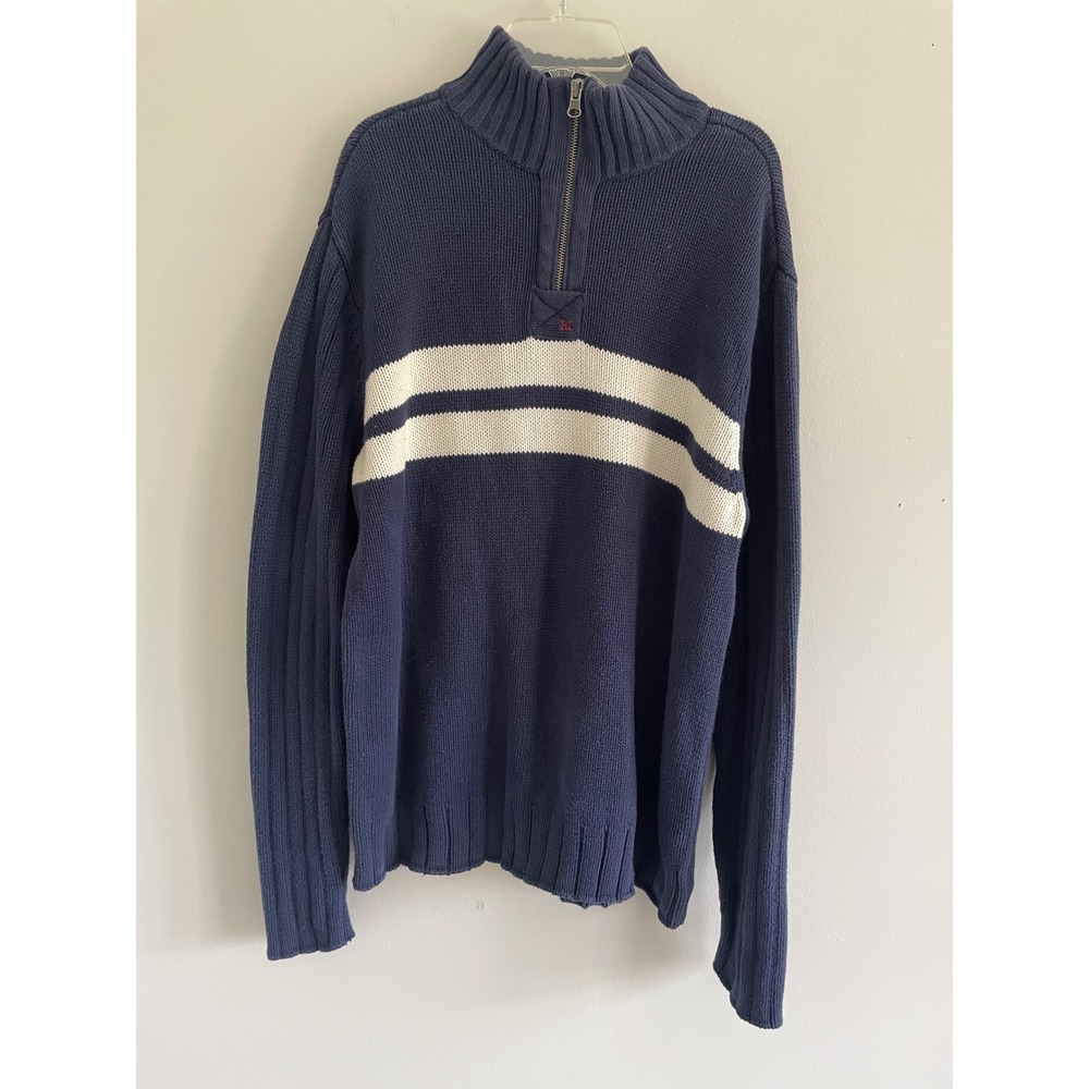 Vintage Polo Ralph‎ Lauren Mens Large Navy Blue Striped Quarter Zip Sweater